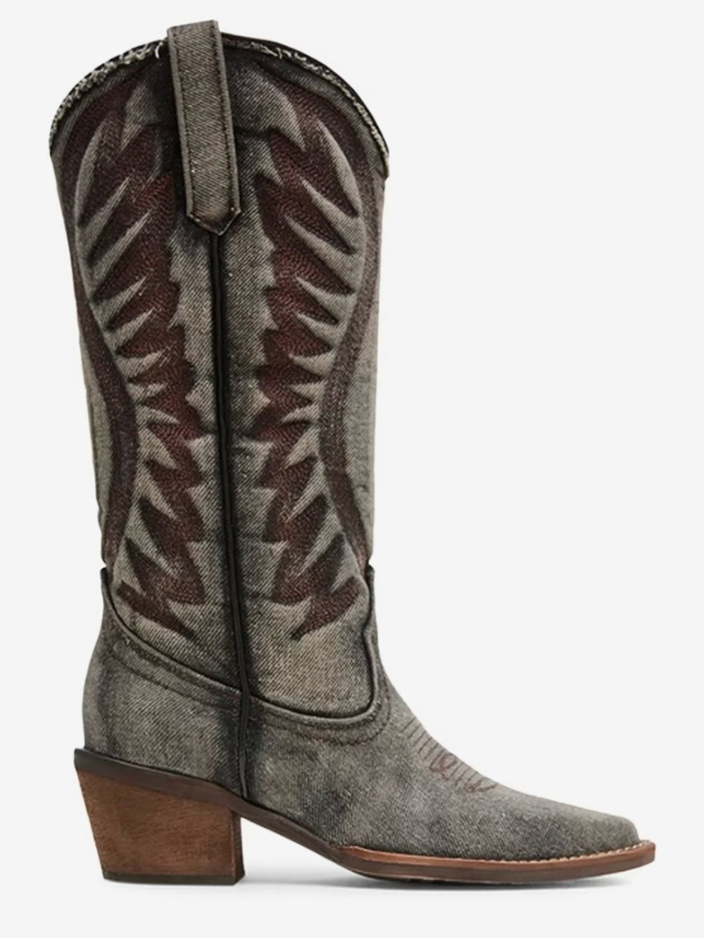 Steve Madden Albany-D Denim Fabric Pointed Toe Western Boots Block Heel - NWT